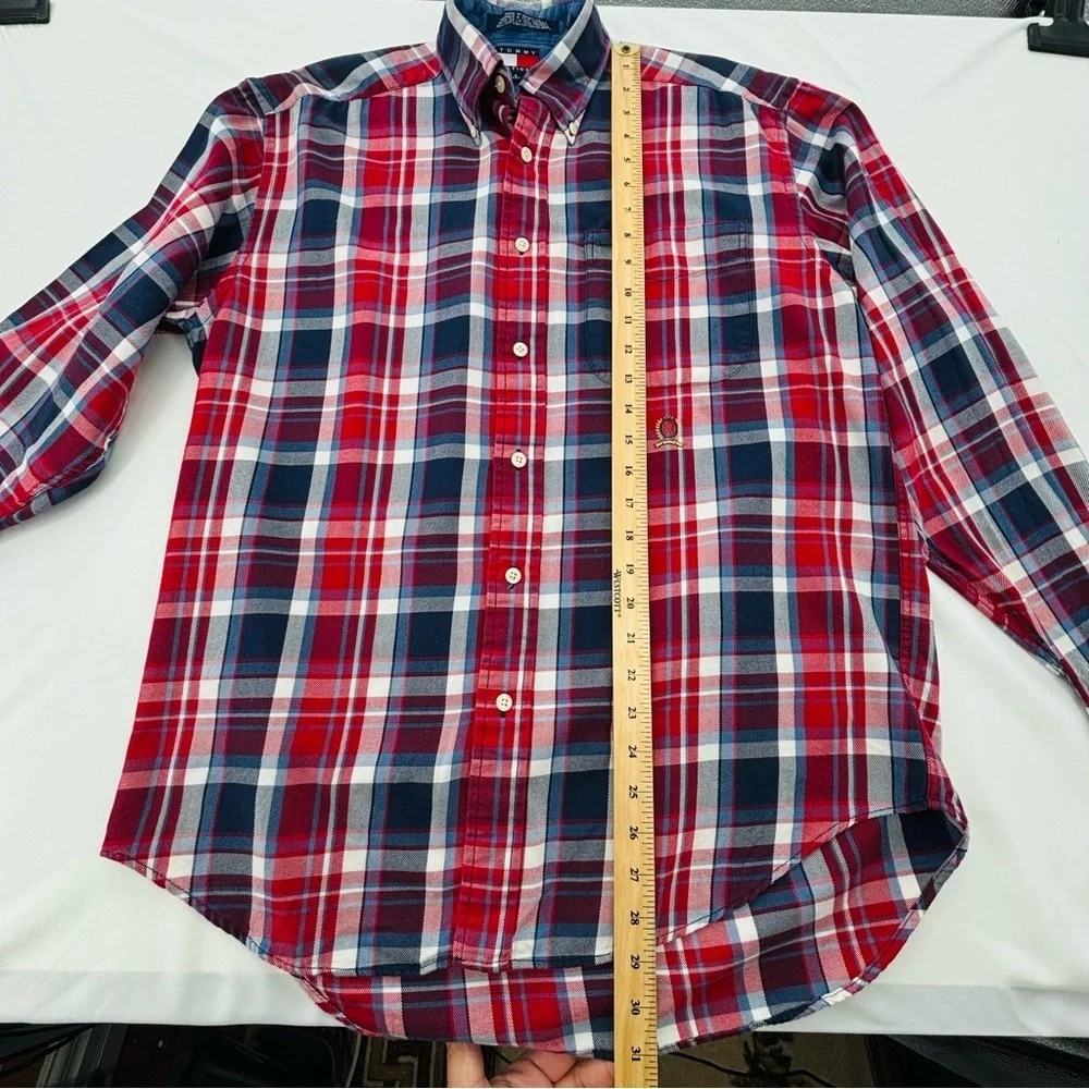 Tommy Hilfiger Navy, Red & White Flannel Checkered Button Down Shirt Size small - Picture 8 of 17